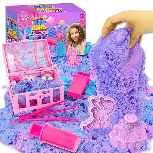 Carolart Unicorn Stretchy Cloud Sand,Blue & Pink Play Sand,Treasure Chest with Sensory Sand,Stretchable,Moldable,Expandable Cloud Slime,Tactile Fun Sensory Kit, Sensory Toys for Kids Ages 3+ - Image 1