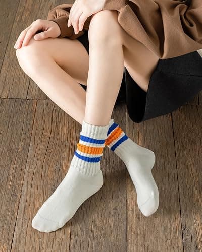 DarkCom Striped Crew Socks 5 Pairs Seamless Toe for Men and Women, Color of Light Cream, Casual Comfort thumbnail 3