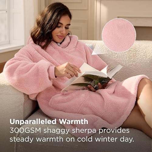 Bedsure Wearable Blanket Hoodie Gifts for Women - Cozy Sherpa Hoodie Blanket for Adult Men, Warm Hooded Blanket Sweatshirt, Pink, Standard thumbnail 5