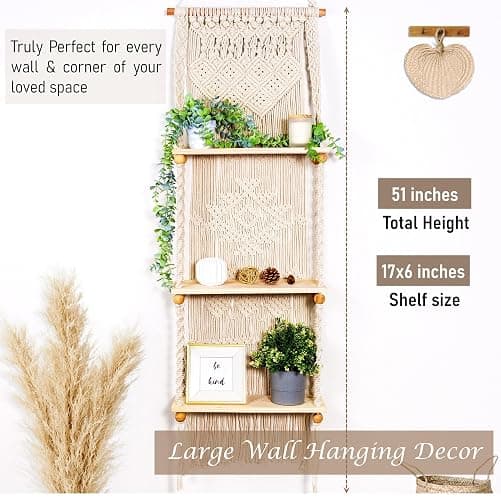 Induslyfe Macrame Wall Hanging Shelf 3 Tier Boho Wall Plant Hanger Shelves, Handmade of Woven Rope Boho Shelves Organizer for Living Room Bathroom Home Storage Floating Plant Rack Bohemian décor thumbnail 4