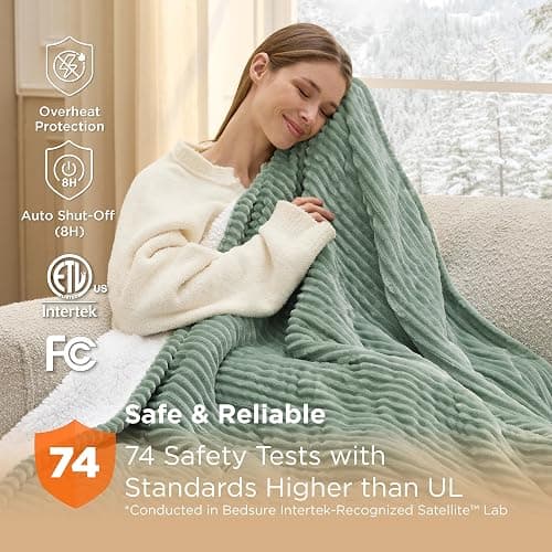 Bedsure Ribbed Heated Blanket Throw, Green Electric Blanket, Preheat | Fast Heating, 6 Heat & 6 Timer (Up to 10H) Settings, 8 Hours Auto-Off, ETL & FCC, Flannel Sherpa, Gifts for Grandma, 50"x60" thumbnail 6