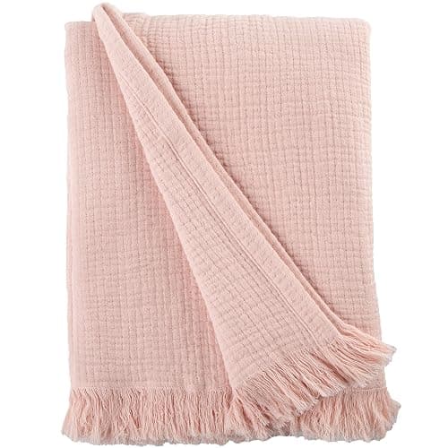 Sticky Toffee Blush Pink Muslin Throw Blanket with Fringe, Oeko-Tex Cotton Muslin Blankets for Adults, Soft Lightweight and Breathable for Couch Bed or Sofa, 50 in x 60 in - Muslin Blush Pink - Image 1
