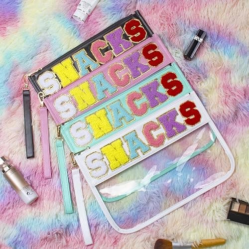 Buycard Snack Bag for Travel with Chenille Letter Patch-Preppy Waterproof Pouch for Travel, Makeup, Gym,Zippered Cosmetic Tote for Women & Girls,Holiday Essentials for Kids. (White) thumbnail 2