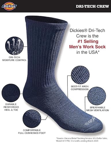 Dickies Men's Dri-Tech Essential Moisture Control Crew Socks (6 & 12 Pairs) thumbnail 3