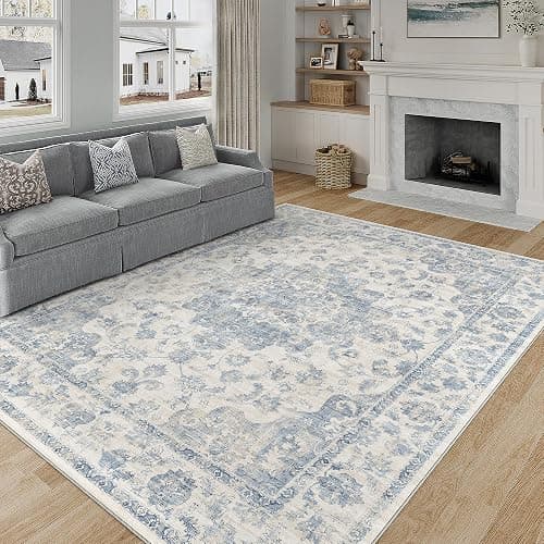 WondRg 8x10 Washable Neutral Area Rug Blue Vintage Living Room Bedroom Carpet Non-Slip Soft Low Pile Farmhouse Indoor Large Throw Rug for Dining Room Office thumbnail 3
