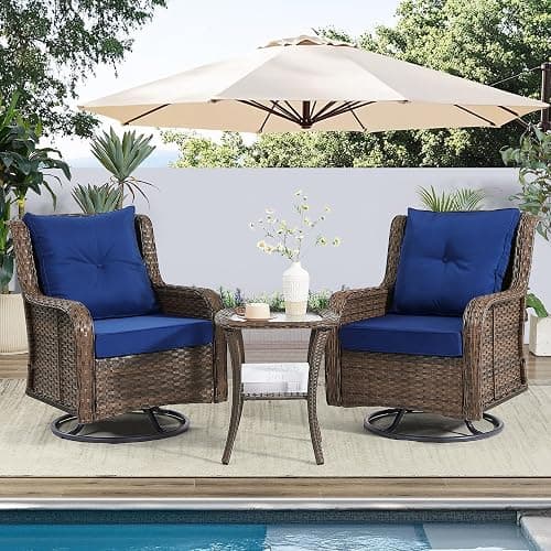 Wumiokio Patio Furniture Sets, 3 Pieces Wicker Outdoor Furniture - 360 Degree Swivel Rocking Chairs and Rattan Side Table for Garden,Porch,Backyard (Brown Wicker/Blue Cushion, 3PCS - Swivel Chairs) thumbnail 2