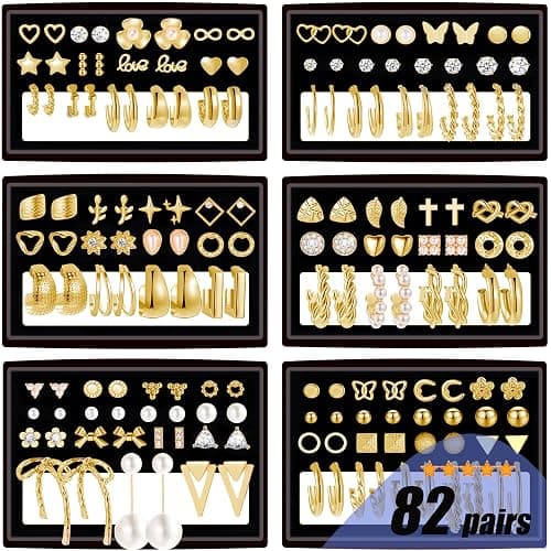 82 Pairs Gold Earrings for Women Trendy, Pearl Bow Small Hoop Stud Earrings Pack, Earring Set Multiple Piercing for Birthday Party Gift thumbnail 2