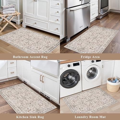 2x3 Non-Slip Washable Kitchen Rug – Boho Small Accent Rug for Sink & Entryway, Soft Low Pile Thin Carpet for Pet Area & Bathroom, Indoor Door Mat (Beige,2x3) thumbnail 3