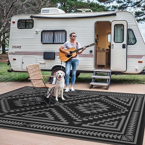 GENIMO Outdoor Rug for Patio Clearance - 6x9 ft Waterproof Plastic Camping Rugs, Reversible Outside Rv Mat Carpet for Porch, Deck, Picnic, Balcony, Beach, Backyard, Black Grey thumbnail 5