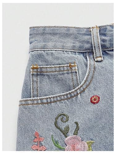 MAKEMECHIC Women's Floral Jean Shorts High Waist Embroidery Raw Hem Denim Short thumbnail 3