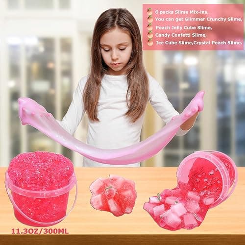 Premade Peach Pink Jelly Cube Glimmer Crunchy Crystal Slime, Includes 6 Sets of Add-ins, Sensory and Tactile Stimulation, Stress Relief, Party Favors for Girls & Boys thumbnail 3