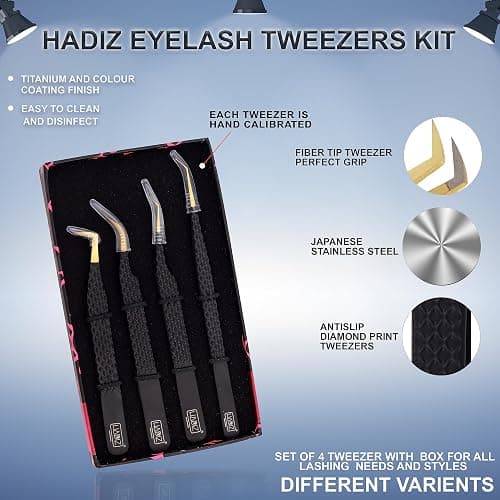 HADIZ Set of 4 Fiber Tip Diamond Grip Eyelash Extensions Tweezers Japanese Stainless Steel Lash Tweezer(Black) thumbnail 6