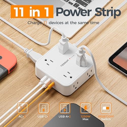 TESSAN Flat Plug Extension Cord, 5 Ft Surge Protector Power Strip with 3 USB (1 USB C) 8 Outlets, 900J Surge Protection, 3 Sided Outlet Extender with Power Switch for Dorm Room Essentials, White thumbnail 3