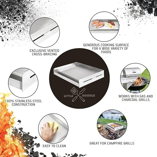 LITTLE GRIDDLE Sizzle-Q SQ180 100% Stainless Steel Universal Griddle with Even Heating Cross Bracing for Charcoal/Gas Grills, Camping, Tailgating, and Parties (18"x13"x3") thumbnail 4