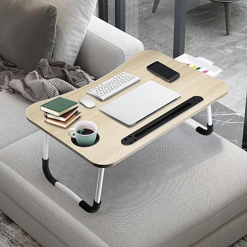 Slendor Lap Desk with Tablet Slot, Foldable Laptop Table with Storage Drawer，Portable Bed Desk for Laptop, Computer Tray with Cup Holder Notebook Stand Reading Holder for Couch Floor, White Maple thumbnail 8