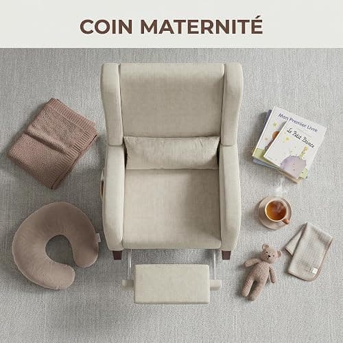 HYNHXBP Fauteuil à Bascule, avec accoudoirs et Poches latérales, Chaise d'allaitement Ergonomique avec Coussins, Structure en Bois Massif, Chaise Longue pour Salon ou Chambre (Beige + Velours Givré) thumbnail 6