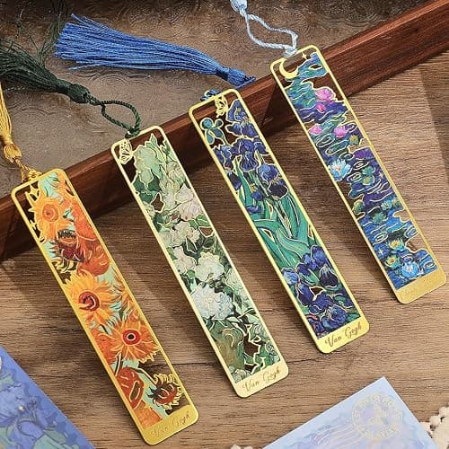 4 Pieces Metal Bookmarks with Tassel, Golden Hollow Bookmark Oil Painting Theme Book Mark Bookmarks for Book Lovers Writers Readers Children Teens Men Women Adults - Image 1