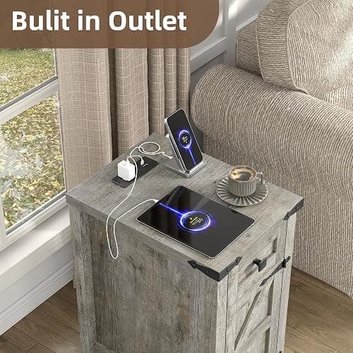 Furnihold Farmhouse Nightstand Set of 2, 13.8''W Rustic Wood End Table with Charging Station, Narrow Side Table with Storage Drawer for Living Room Bedroom, Oak Grey thumbnail 6