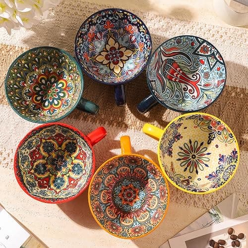 TAUFIKT Coffee Mug Set of 6, 15 oz Boho Coffee Mug Ceramic with Handle, Porcelain Tea Cups Set, 6 Pcs Coffee Cups for Cappuccino and Latte, Microwave & Dishwasher Safe, Ideal Gift for Family/Friend thumbnail 5