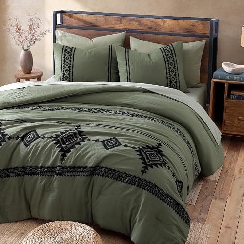 MaiRêve Olive Green Embroidery Comforters Set Queen Size - 7 Pieces, Farmhouse Western Bedding All Season Bed in A Bag Queen, Boho Comforter Set with Sheets, Pillowcases & Shams thumbnail 3