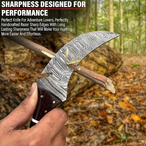 RC Damascus Hunting Knife with Leather Sheath | 9'’ EDC Knife for Men - WOODEN Handle | Full Tang Fixed Blade handmade Knives - it's a unique product for unique buyers. (Brown) thumbnail 4