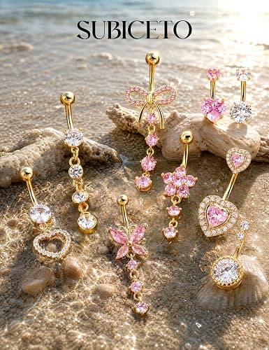 9 Pcs Belly Button Ring for Women Surgical Steel Dangle Pink Belly Piercing | 14G Stainless Steel Dangling Belly Rings Non Tarnish Navel Piercing Jewelry Set Pink Heart Butterfly Flower Body Jewelry thumbnail 2