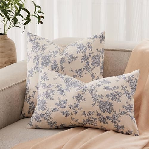 YZJZEDS 2 Pack French Floral Throw Pillow Covers 18x18in, Blue/Cream | 100% Organic Cotton, Vintage Botanical Decorative Pillow Cases, Farmhouse Pastoral Cushion Covers for Living Room Sofa Couch thumbnail 4