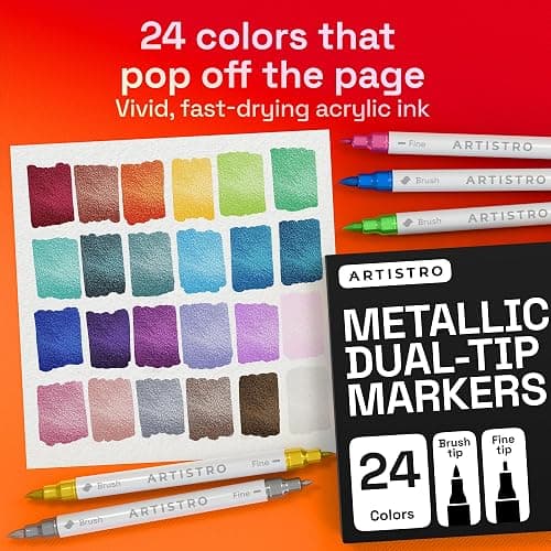 ARTISTRO 24 Metallic Dual-Tip Acrylic Paint Marker Pens for Drawing | For Fabric, Rock, Glass, Wood, Arts & Crafts Gift for Adults, Teens & Kids, Pumpkin Decorating Kit & Halloween Crafts thumbnail 2