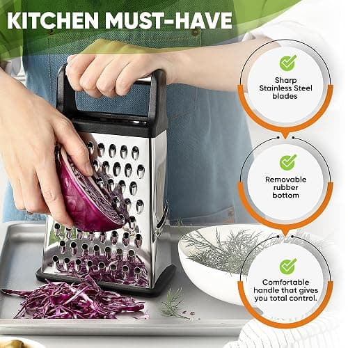 Spring Chef Professional Cheese Grater - Stainless Steel, XL Size, 4 Sides - Perfect Box Grater for Parmesan Cheese, Vegetables, Ginger - Dishwasher Safe - Black thumbnail 4