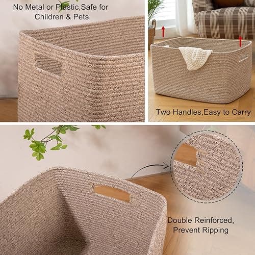 OIAHOMY 118L XXXLarge Cotton Rope Storage Basket, Oversized Blanket Basket, Used for Organizing Dirty Clothes in Living Room, Bedroom, Nursery, Dog Toy Storage Bins, 25" x 17" x 16",Brown variegated thumbnail 6