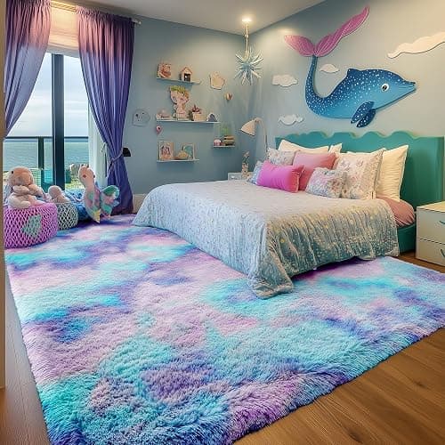 PAGISOFE Cute Furry Pastel Rug for Girls Bedroom, Soft Purple Shag Tent Rugs for Livingroom, Kids Room, Playroom, Nursery, Home Decor, Plush Mermaid Kawaii Rug, Fluffy Fuzzy Carpet, 4x6 Area Rug - 4x6 Feet - Rainbow Purple thumbnail 6