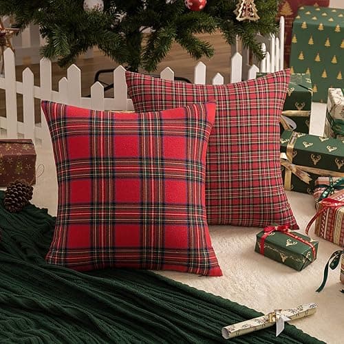 AQOTHES Pack of 2 Christmas Plaid Decorative Throw Pillow Covers Scottish Tartan Cushion Case for Farmhouse Home Holiday Decor Red and Green, 18 x 18 Inches thumbnail 4