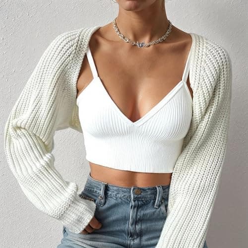 Fuimsul Women Open Front Ribbed Knit Crop Bolero Drop Shoulder Long Sleeve Solid Loose Fit Knitted Crop Cardigan Shrug thumbnail 3