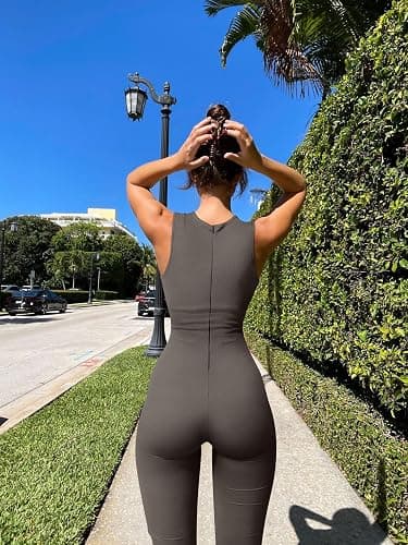 OQQ Women Yoga Jumpsuits Ribbed Crew Neck Sleeveless Bell Bottoms Flare Jumpsuits - Small - Tea Leaf thumbnail 3