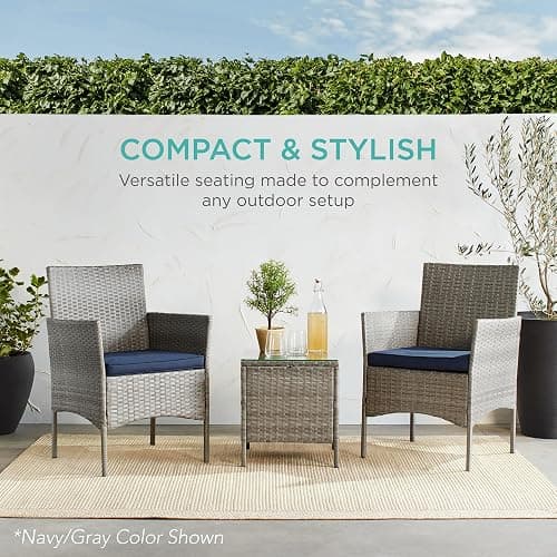 Best Choice Products 3-Piece Outdoor Wicker Conversation Bistro Set, Space Saving Patio Furniture for Garden w/Side Table - Black/Peacock thumbnail 7