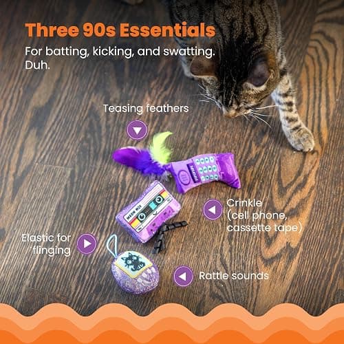 Catstages So Meowsome 90s Cat Toys, 3-Pack Catnip Plush Toys with Crinkle, Feathers & Dental Mesh, Multicolored thumbnail 3