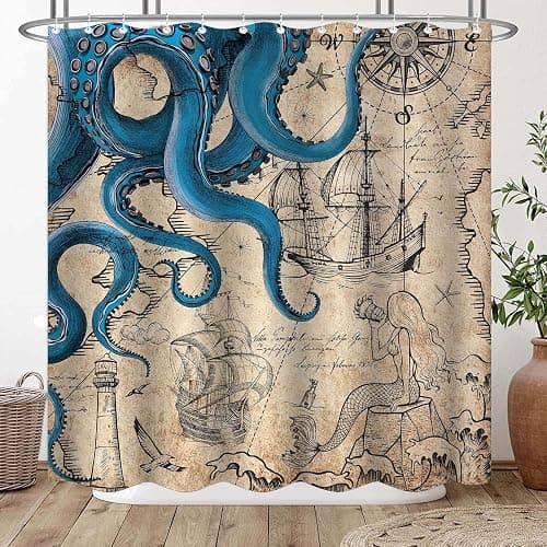 Fungarth Vintage Nautical Octopus Shower Curtain Navy Blue Mermaid Funny Ocean Kraken Shower Curtains for Bathroom Anchor Coastal Map Waterproof Fabric Bath Curtain Decor with Hooks (Retro, 72” x 72”) - Image 1