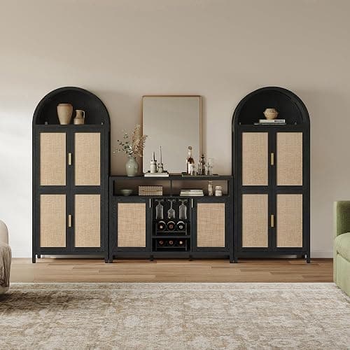 SICOTAS Rattan Coffee Bar Cabinet with Wine Racks & Metal Stemware Holders | 51" Sideboard Buffet Cabinet with Storage, Modern Liquor Cabinet Boho Credenza Buffet Table for Living Dining Room, Black Oak thumbnail 9