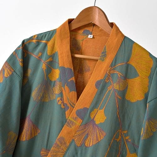 Purefair 100% Cotton Gauze Ginkgo Leaf Kimono Robe, Long Knit Loose Bathrobe Nightgown Ladies Loungewear Sleepwear for Women thumbnail 3