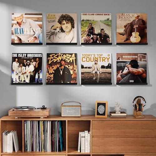Emfogo Vinyl Record Shelf Wall Mount, 8 Pack Album Record Holder Wall, 12 inch Vinyl Record Storage Shelves Wall, Wood Record Display Black for Living Room thumbnail 2