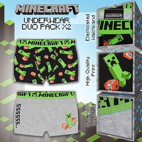 Minecraft Boxer Shorts, Boys Underwear 5-14 Years, Pack of 2 (9-10 Years, Black/Grey) thumbnail 3