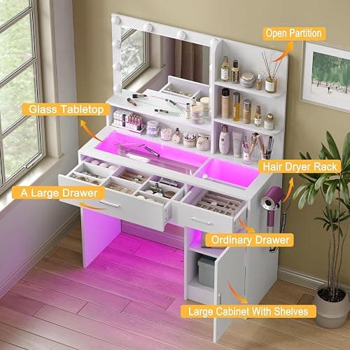 HuaYing White Vanity Desk with Mirror and Lights, Vanitys with Glass Top & Power Outlet, Dressing Table with 36 Lighting Modes Brightness Adjustable RGB Drawers, for Women Girls Bedroom (White) thumbnail 3