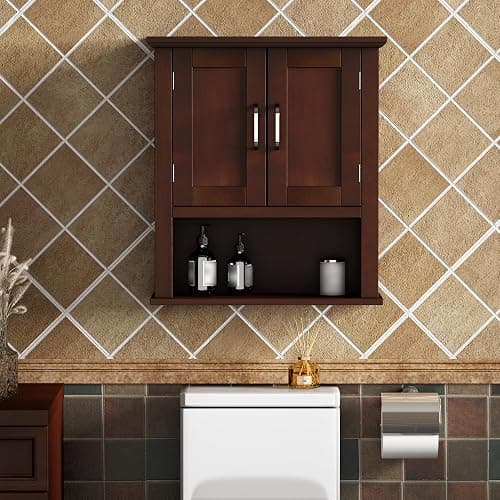 ChooChoo Wood Wall Cabinet with Doors, Medicine Cabinet with Adjustable Shelves Over The Toilet, Rustic Cabinet Wall Mounted for Bathroom, Kitchen, Living Room, Dark Cherry thumbnail 2