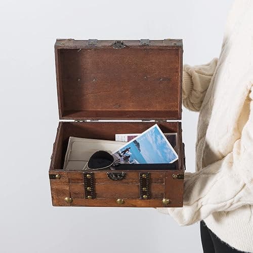 SLPR Alexander Small Wooden Treasure Chest - 11" x 7" x 5.5", Wood Storage Box with Hinged Lid, Decorative Trunk for Keepsakes, Vintage Pirate Chest for Classroom thumbnail 4