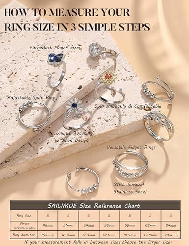 sailimue Anxiety Ring Fidget Ring for Women Men Spinner Fidget Rings for Anti Anxiety Adjustable Open CZ Flower Bead Stress Relieving Spinning Rotatable Rings 9 Pcs thumbnail 6