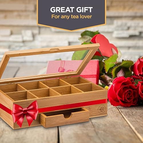 Tea Bag Organizer - Christmas Gift Bamboo Tea Box Organizer Storage Box, Tea Bag Holder with Drawer & Acrylic Window, Magnetic Lid Keeps Tea Bags Fresh - Tea Organizer Caddy (Tea Not Included) thumbnail 4