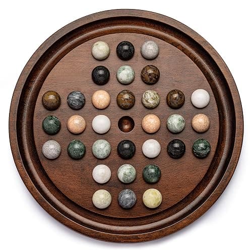 Lingle Deluxe Solitaire Game Set: 12.6'' Solid Wooden Board, 32 Natural Marble Balls, Single-Player Strategy and Smart Games - Image 1