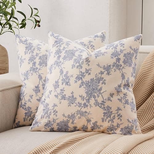 YZJZEDS 2 Pack French Floral Throw Pillow Covers 18x18in, Blue/Cream | 100% Organic Cotton, Vintage Botanical Decorative Pillow Cases, Farmhouse Pastoral Cushion Covers for Living Room Sofa Couch - Image 1