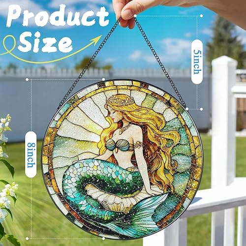 Stained Glass Window Hanging, 8 Inch Mermaid Suncatcher Stained Glass Ornament, Suncatchers for Windows Hanging, Sun Catchers Indoor Window, Mermaid Gifts, Gifts for Friends, Housewarming Gift thumbnail 4