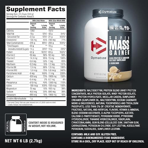Dymatize Super Mass Gainer Protein Powder, Gourmet Vanilla, 52g Protein, 1g Creatine, 1280 Calories, 10.7g BCAAs, 245g Carbs, Contains Whey Protein Powder, Isolate, and Casein (8 Servings) thumbnail 6